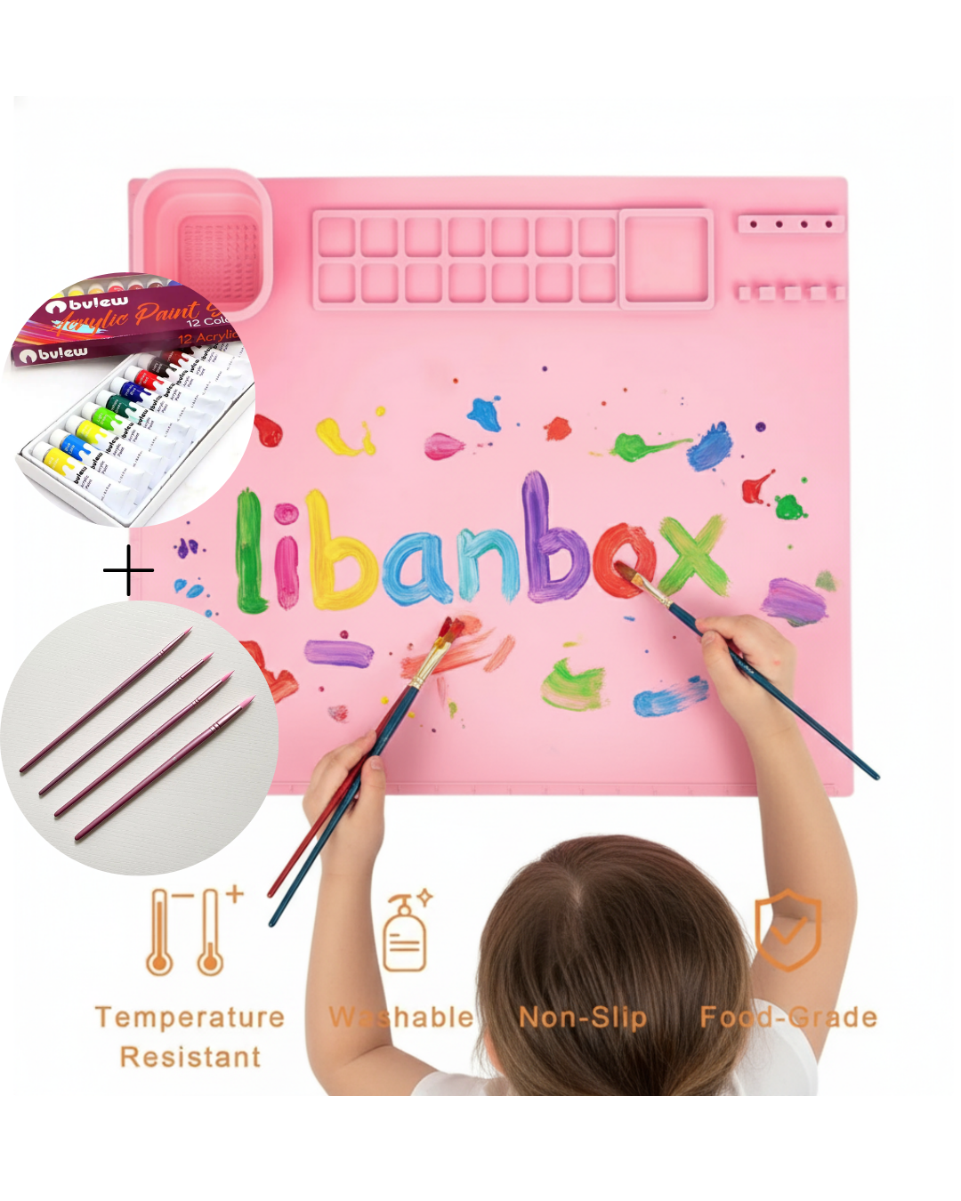 MessyMate™ Complete Kids Art Set – Silicone Mat + 12 Paints + 4 Brushes